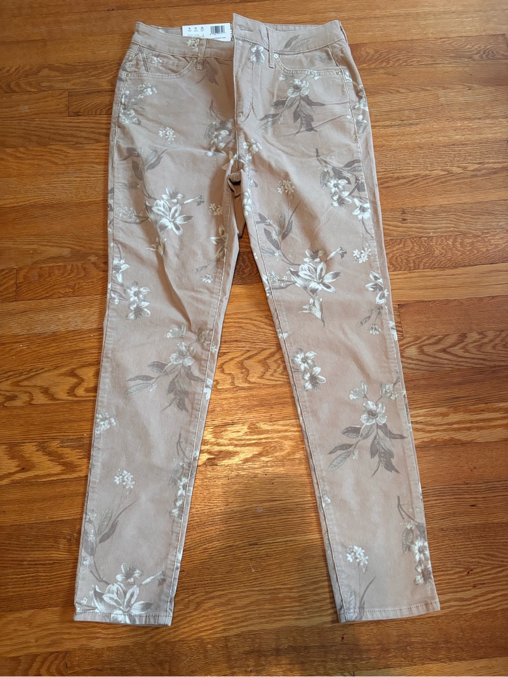 Floral Print Slim Women's Corduroy Pants in Beige
